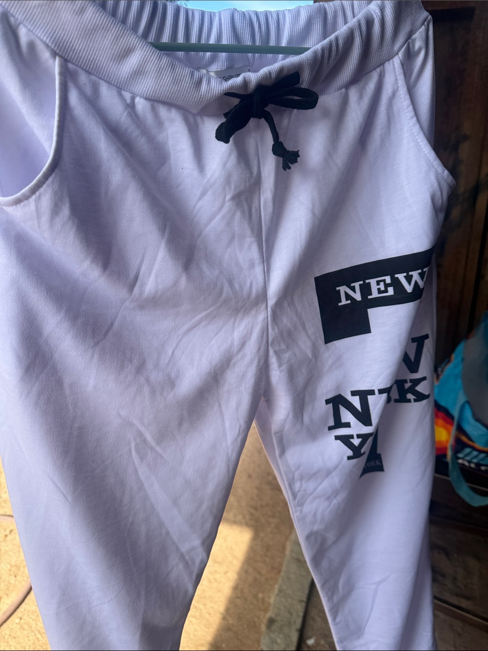 White Graphic Jogger Pants with Black Drawstring